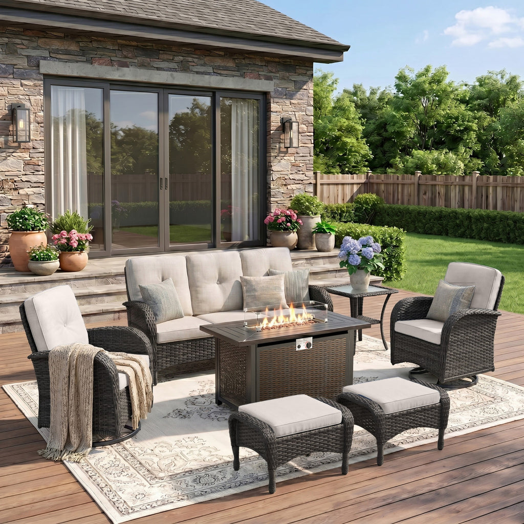 Unnifurnzi Patio Furniture Set with Fire Pit Table-All Weather Wicker Outdoor Couch with Outdoor Swivel Chair Outdoor Furniture for Deck Porch Garden Balcony Poolside