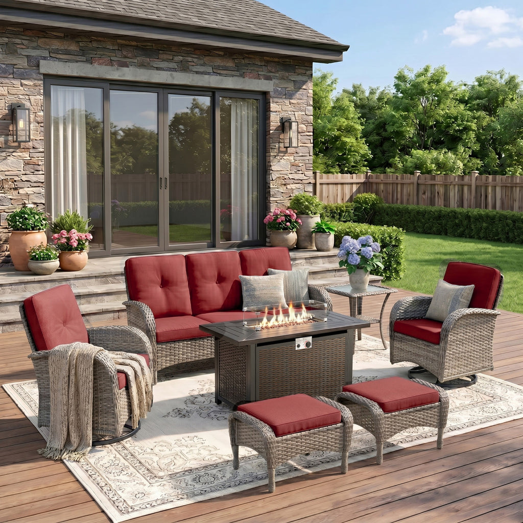 Unnifurnzi Patio Furniture Set with Fire Pit Table-All Weather Wicker Outdoor Couch with Outdoor Swivel Chair Outdoor Furniture for Deck Porch Garden Balcony Poolside