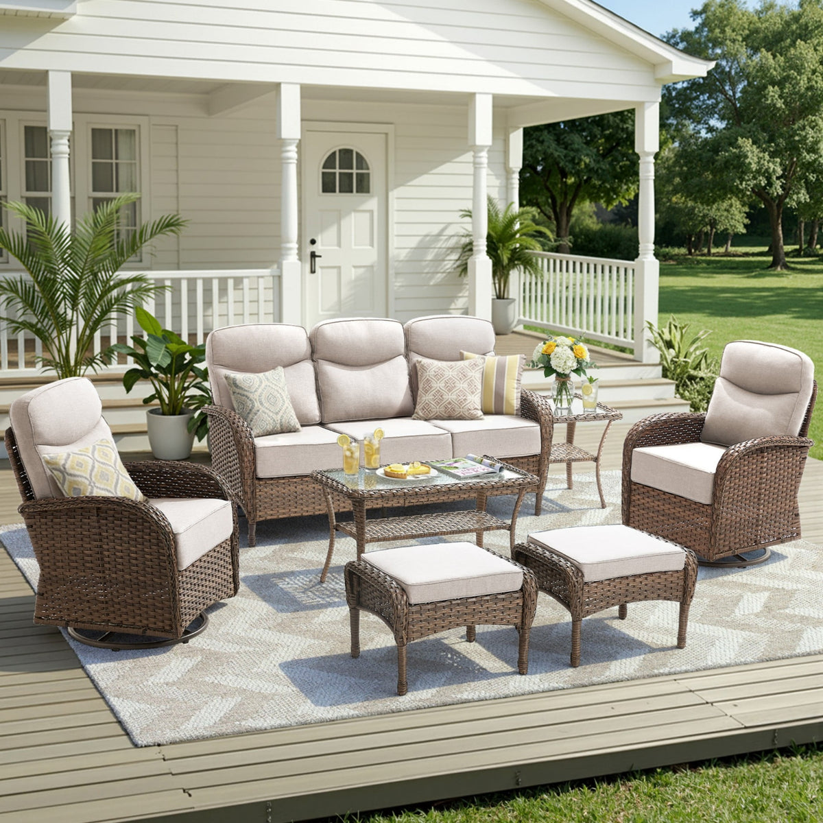 Unnifurnzi Patio Furniture Set-6'' Thick Cushions Outdoor Furniture with Swivel Rocker Chairs Outdoor Couch and Ottomans Wicker Patio Furniture for Deck Porch Garden Poolside