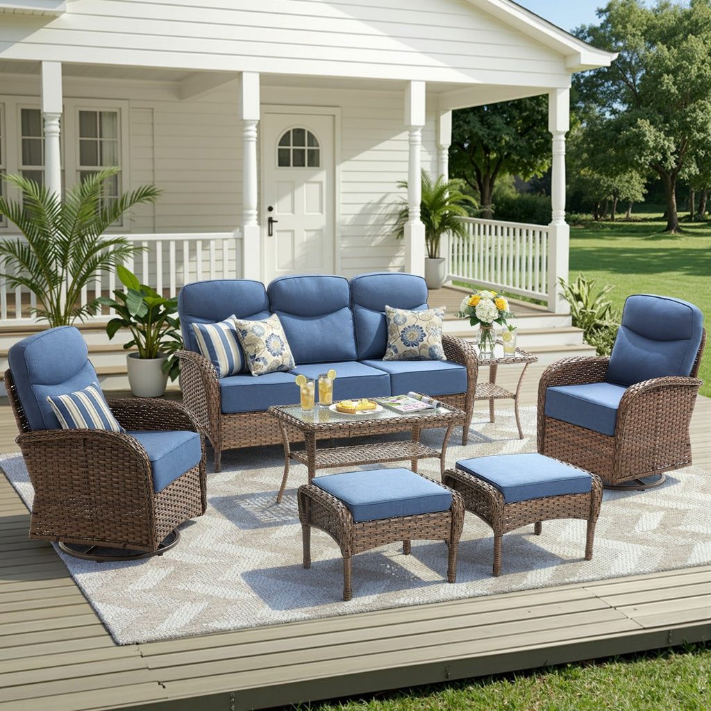 Unnifurnzi Patio Furniture Set-6'' Thick Cushions Outdoor Furniture with Swivel Rocker Chairs Outdoor Couch and Ottomans Wicker Patio Furniture for Deck Porch Garden Poolside