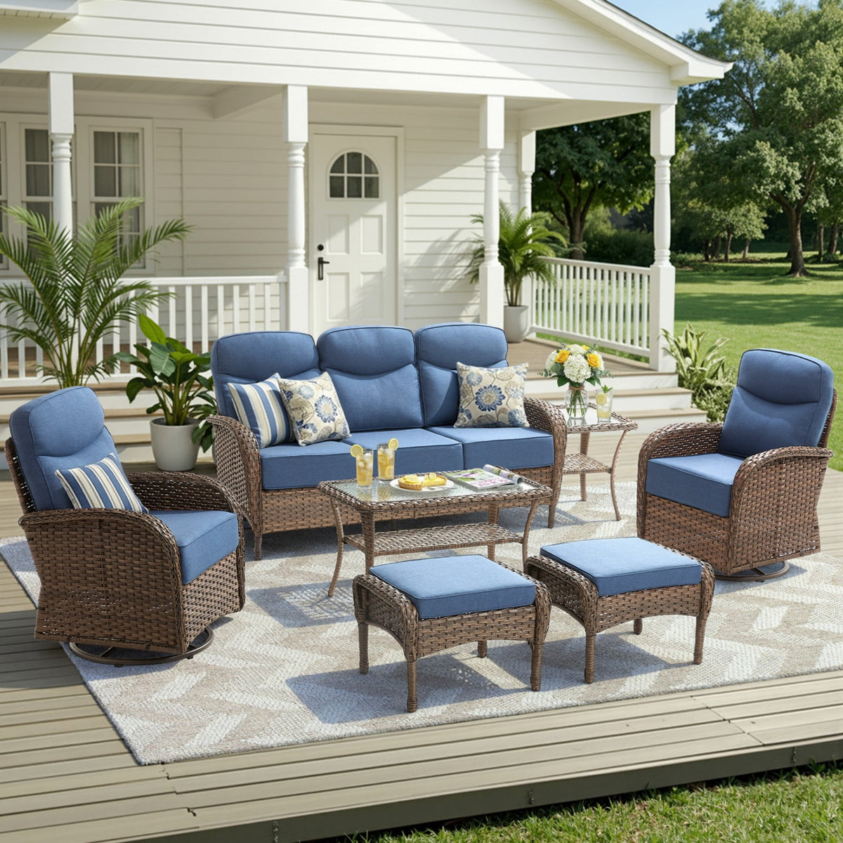 Unnifurnzi Patio Furniture Set-6'' Thick Cushions Outdoor Furniture with Swivel Rocker Chairs Outdoor Couch and Ottomans Wicker Patio Furniture for Deck Porch Garden Poolside