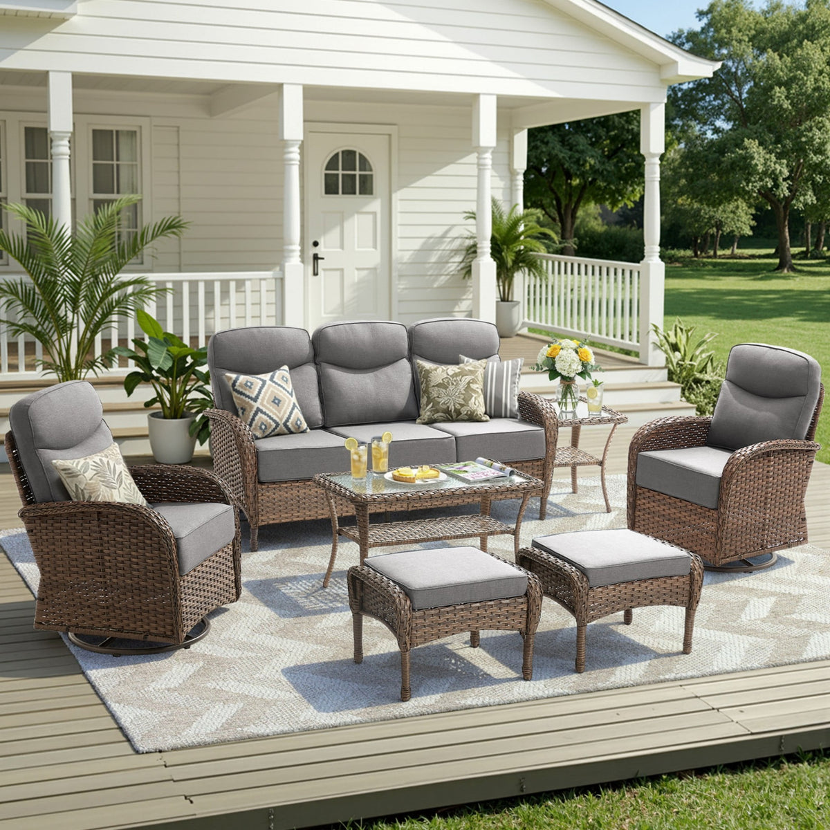 Unnifurnzi Patio Furniture Set-6'' Thick Cushions Outdoor Furniture with Swivel Rocker Chairs Outdoor Couch and Ottomans Wicker Patio Furniture for Deck Porch Garden Poolside