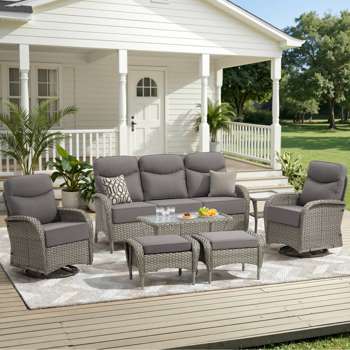 Unnifurnzi Patio Furniture Set-6'' Thick Cushions Outdoor Furniture with Swivel Rocker Chairs Outdoor Couch and Ottomans Wicker Patio Furniture for Deck Porch Garden Poolside