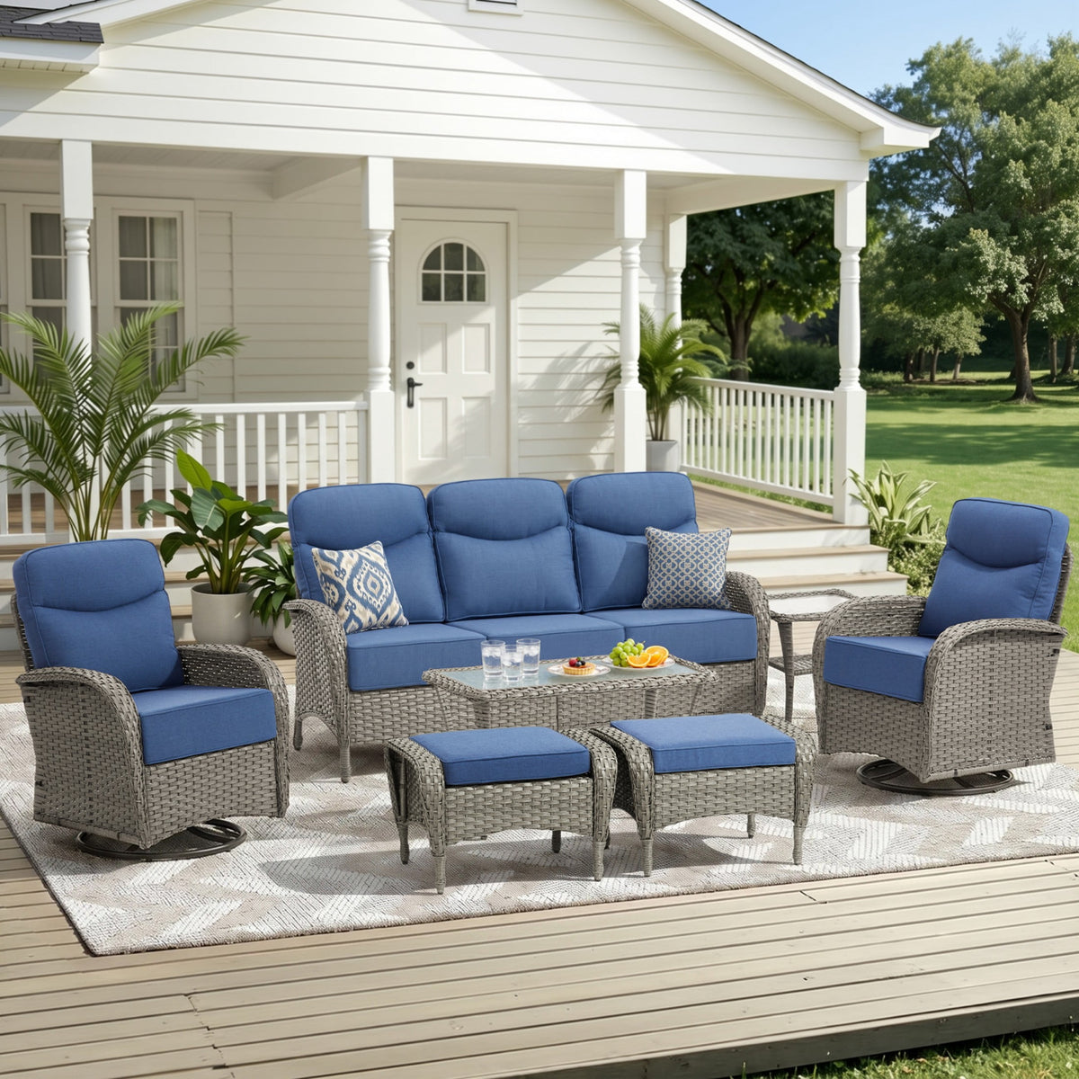 Unnifurnzi Patio Furniture Set-6'' Thick Cushions Outdoor Furniture with Swivel Rocker Chairs Outdoor Couch and Ottomans Wicker Patio Furniture for Deck Porch Garden Poolside