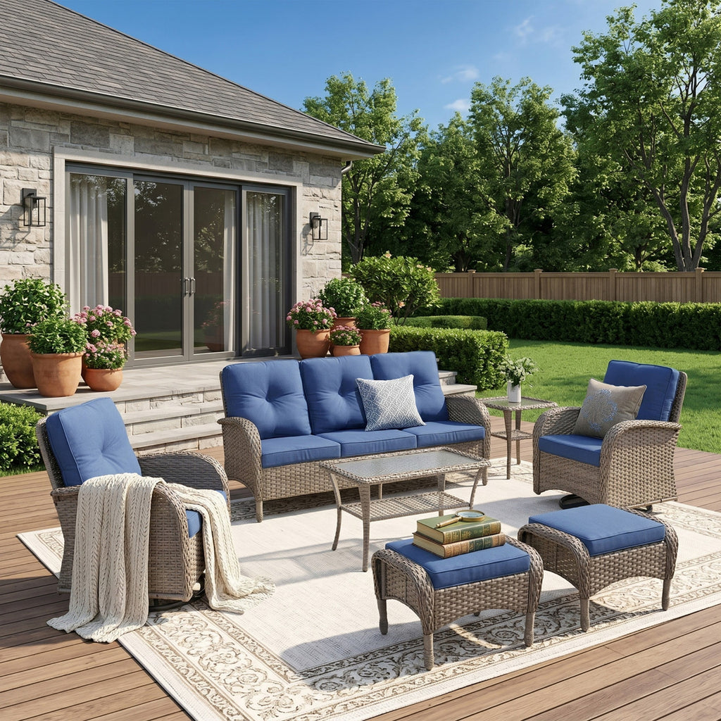 Unnifurnzi Wicker Patio Furniture Set-Outdoor Swivel Rocker Patio Chairs Patio Sofa Set with Tempered Glass Top Outdoor Coffee Table for Deck Lawn Porch Balcony Poolside