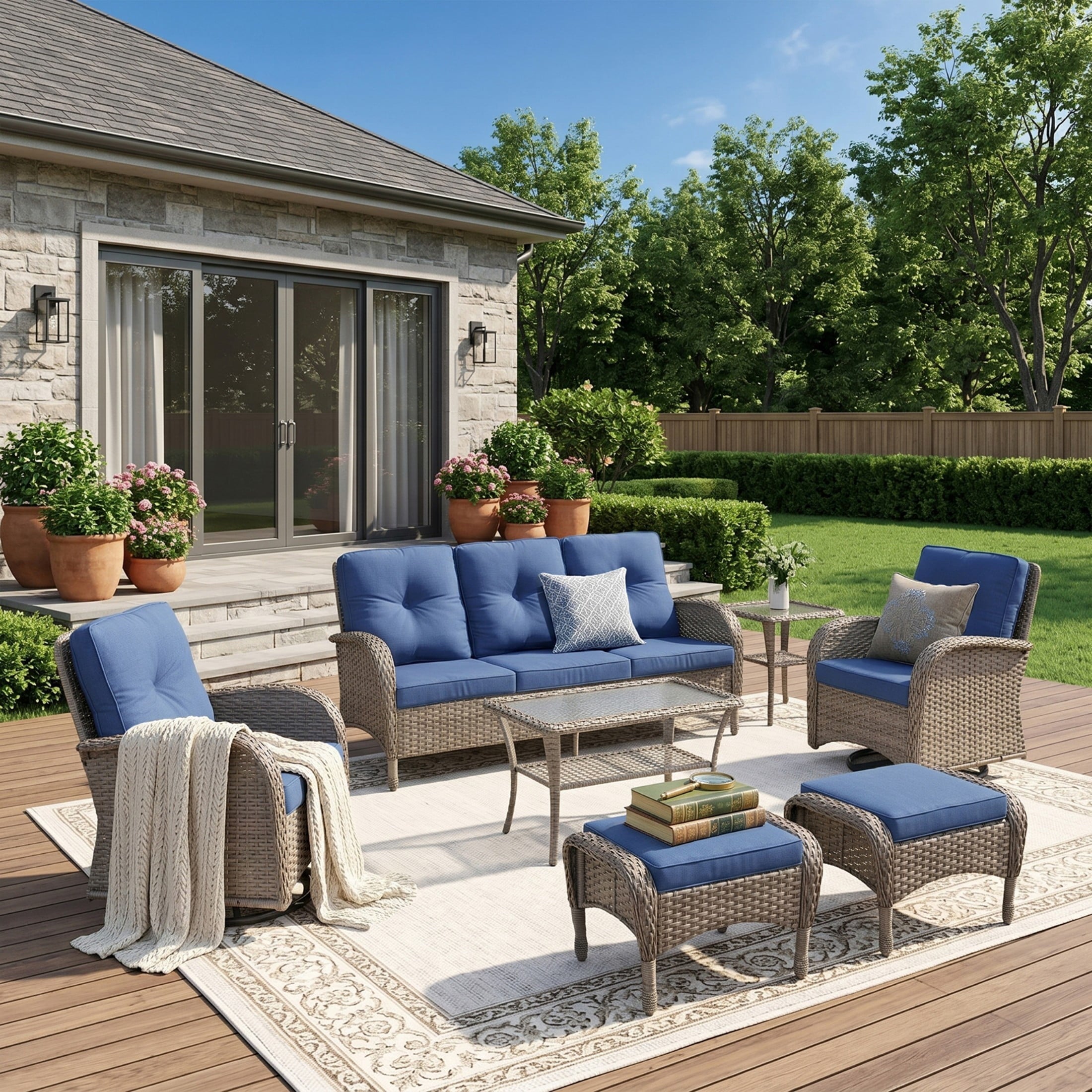 Unnifurnzi Wicker Patio Furniture Set-Outdoor Swivel Rocker Patio Chairs Patio Sofa Set with Tempered Glass Top Outdoor Coffee Table for Deck Lawn Porch Balcony Poolside