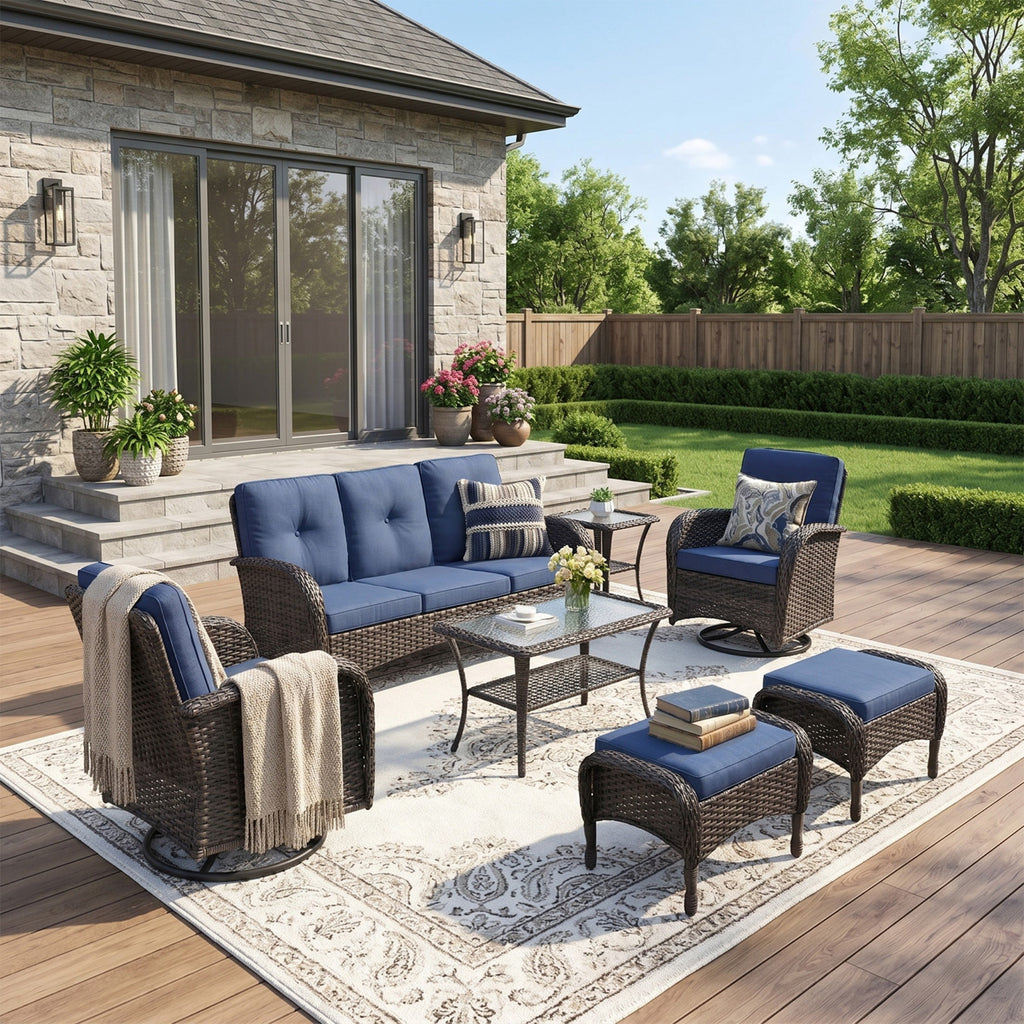 Unnifurnzi Wicker Patio Furniture Set-Outdoor Swivel Rocker Patio Chairs Patio Sofa Set with Tempered Glass Top Outdoor Coffee Table for Deck Lawn Porch Balcony Poolside