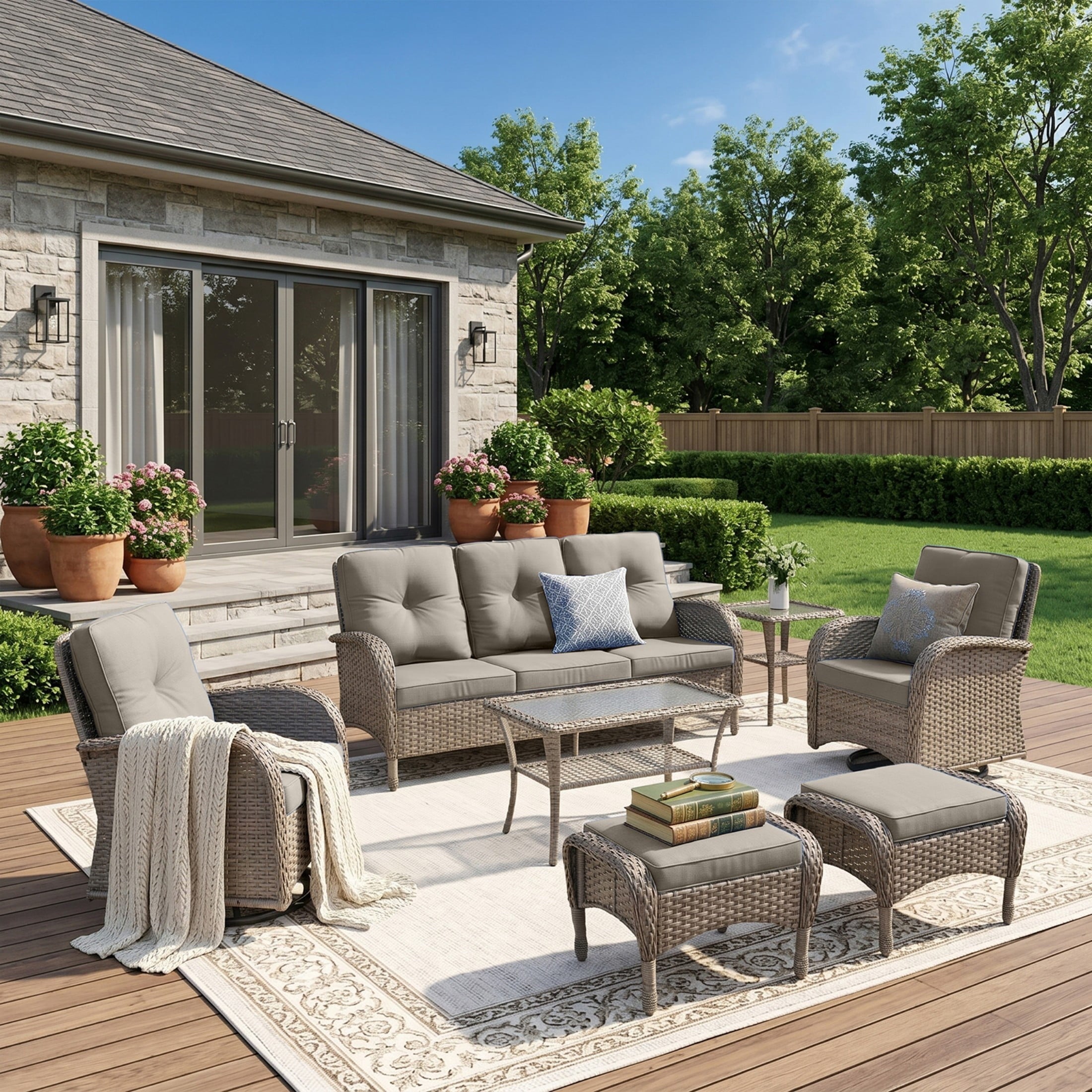 Unnifurnzi Wicker Patio Furniture Set-Outdoor Swivel Rocker Patio Chairs Patio Sofa Set with Tempered Glass Top Outdoor Coffee Table for Deck Lawn Porch Balcony Poolside