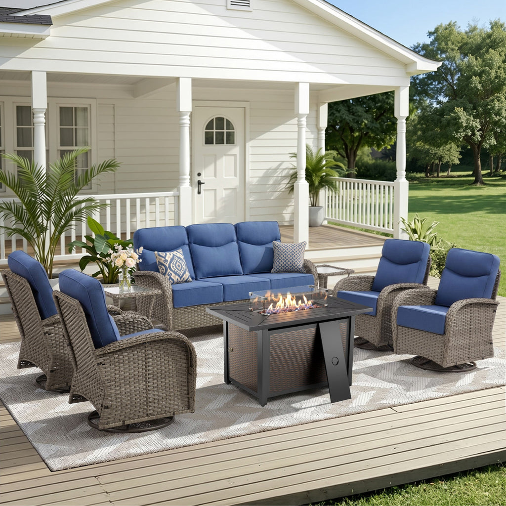 Unnifurnzi Patio Furniture with Fire Pit-6'' Thick Cushions Outdoor Furniture with Swivel Rocker Chairs Outdoor Couch Wicker Patio Furniture For Deck Porch Garden Poolside