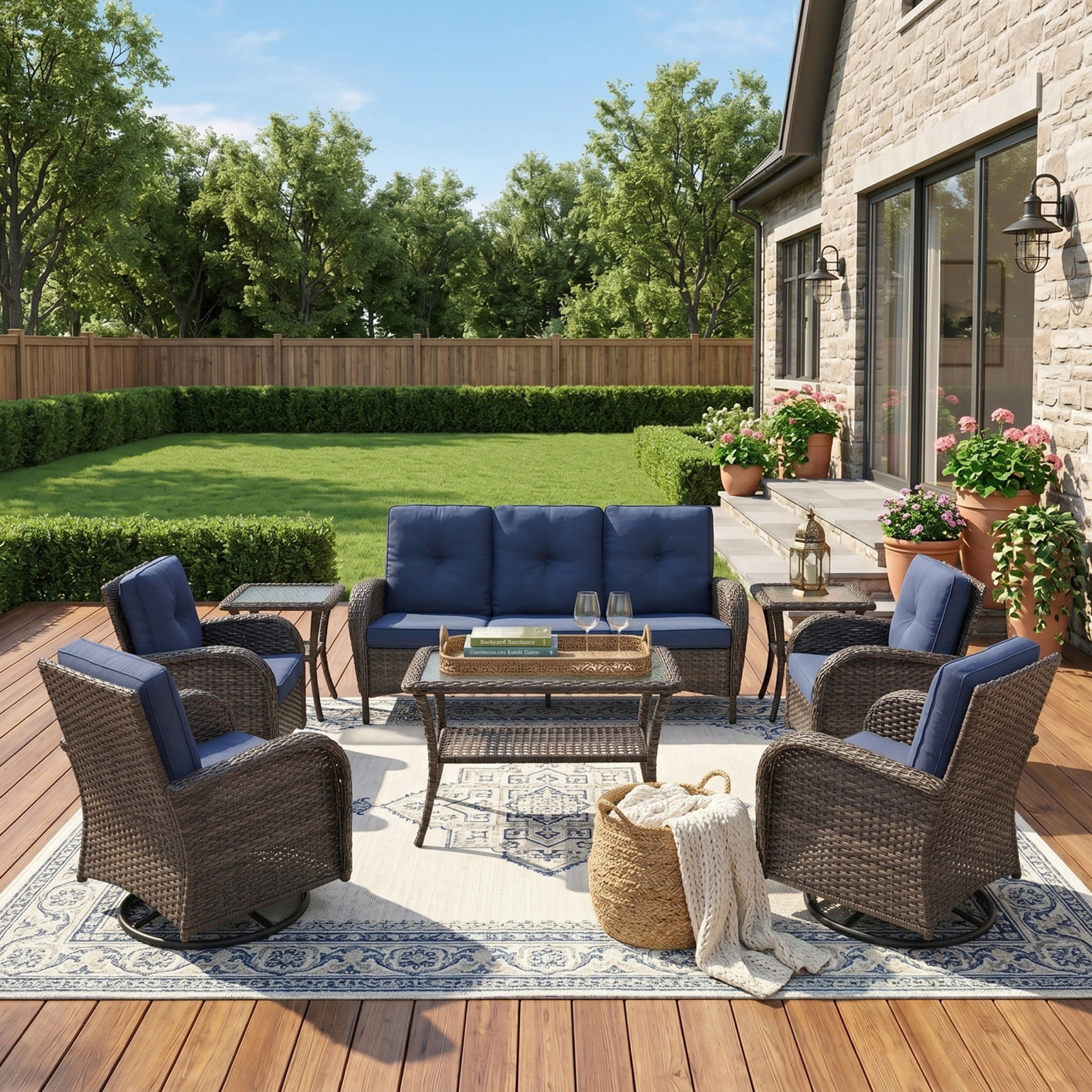 Unnifurnzi Wicker Patio Furniture Set-Outdoor Swivel Rocker Patio Chairs Patio Sofa Set with Tempered Glass Top Outdoor Coffee Table for Deck Lawn Porch Balcony Poolside