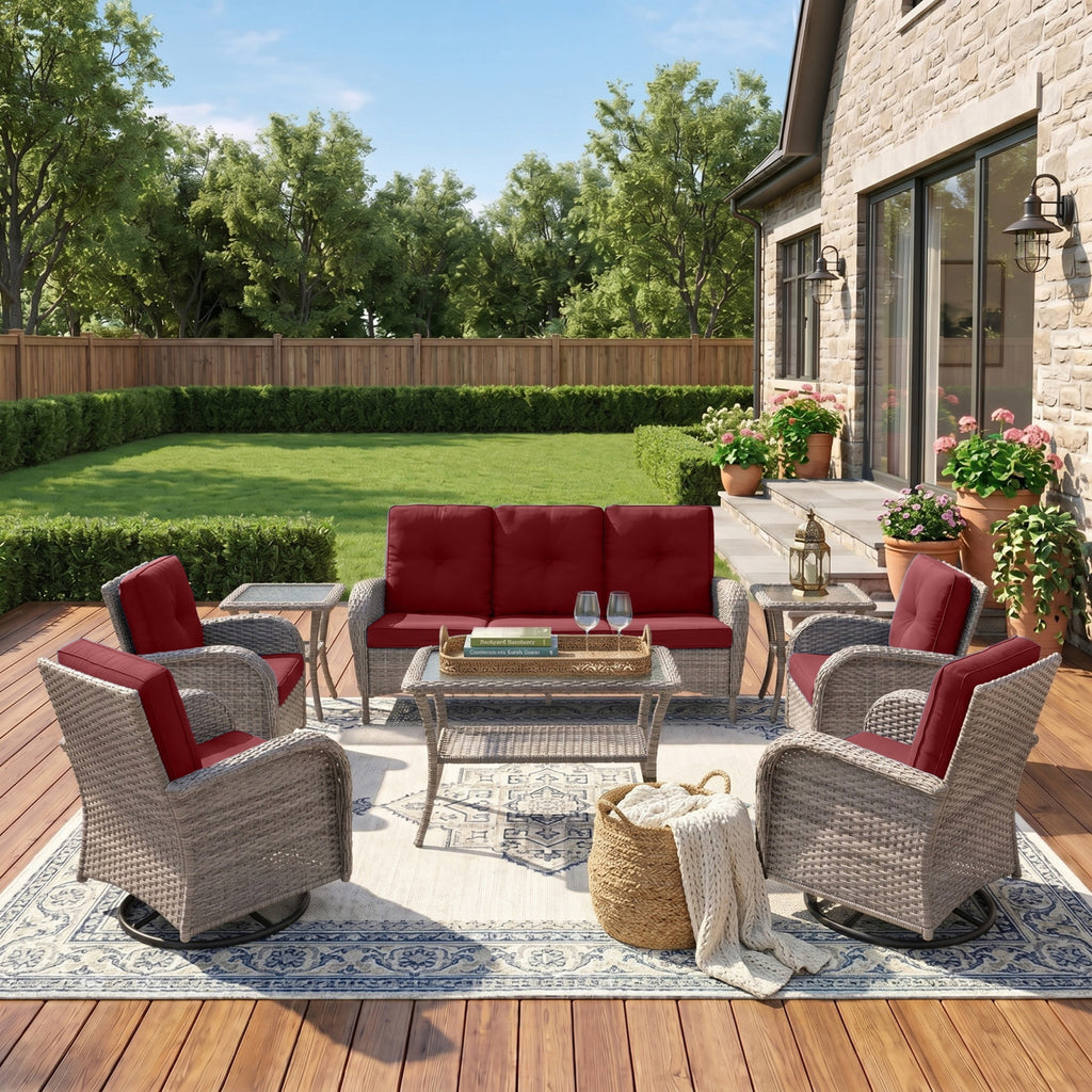Unnifurnzi Wicker Patio Furniture Set-Outdoor Swivel Rocker Patio Chairs Patio Sofa Set with Tempered Glass Top Outdoor Coffee Table for Deck Lawn Porch Balcony Poolside