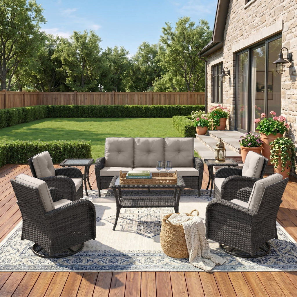Unnifurnzi Wicker Patio Furniture Set-Outdoor Swivel Rocker Patio Chairs Patio Sofa Set with Tempered Glass Top Outdoor Coffee Table for Deck Lawn Porch Balcony Poolside