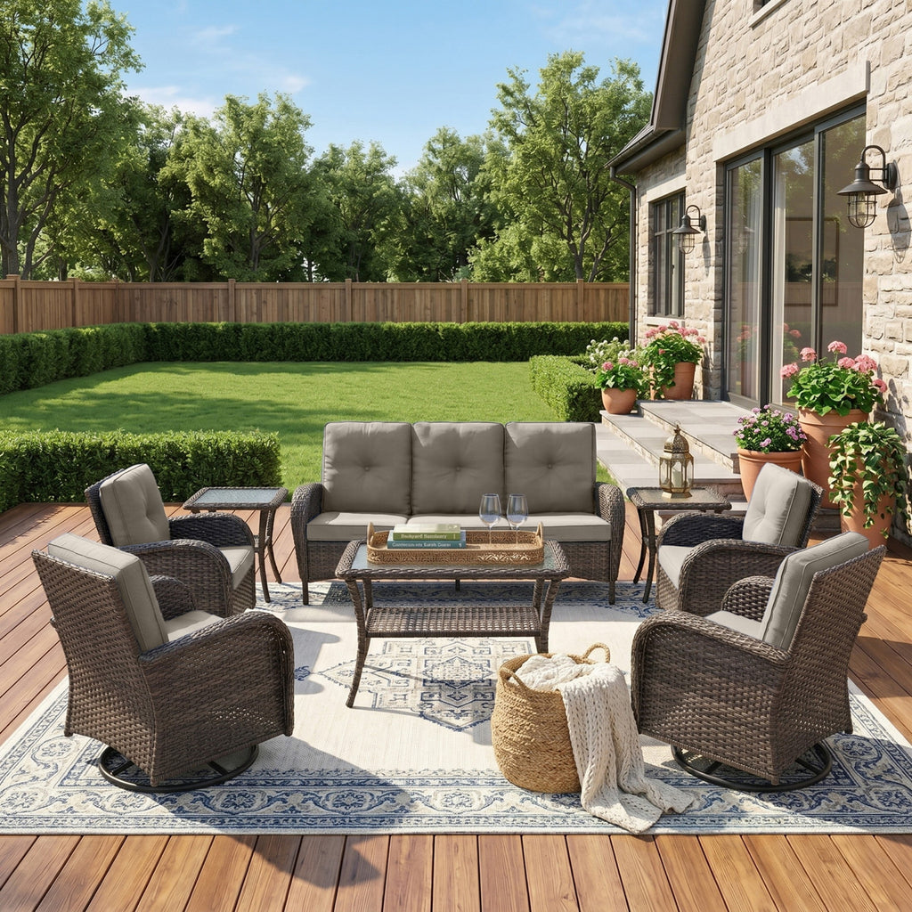 Unnifurnzi Wicker Patio Furniture Set-Outdoor Swivel Rocker Patio Chairs Patio Sofa Set with Tempered Glass Top Outdoor Coffee Table for Deck Lawn Porch Balcony Poolside