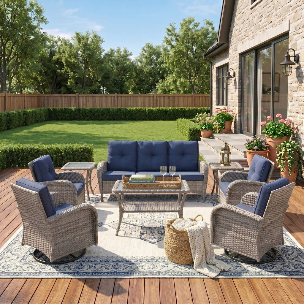 Unnifurnzi Wicker Patio Furniture Set-Outdoor Swivel Rocker Patio Chairs Patio Sofa Set with Tempered Glass Top Outdoor Coffee Table for Deck Lawn Porch Balcony Poolside