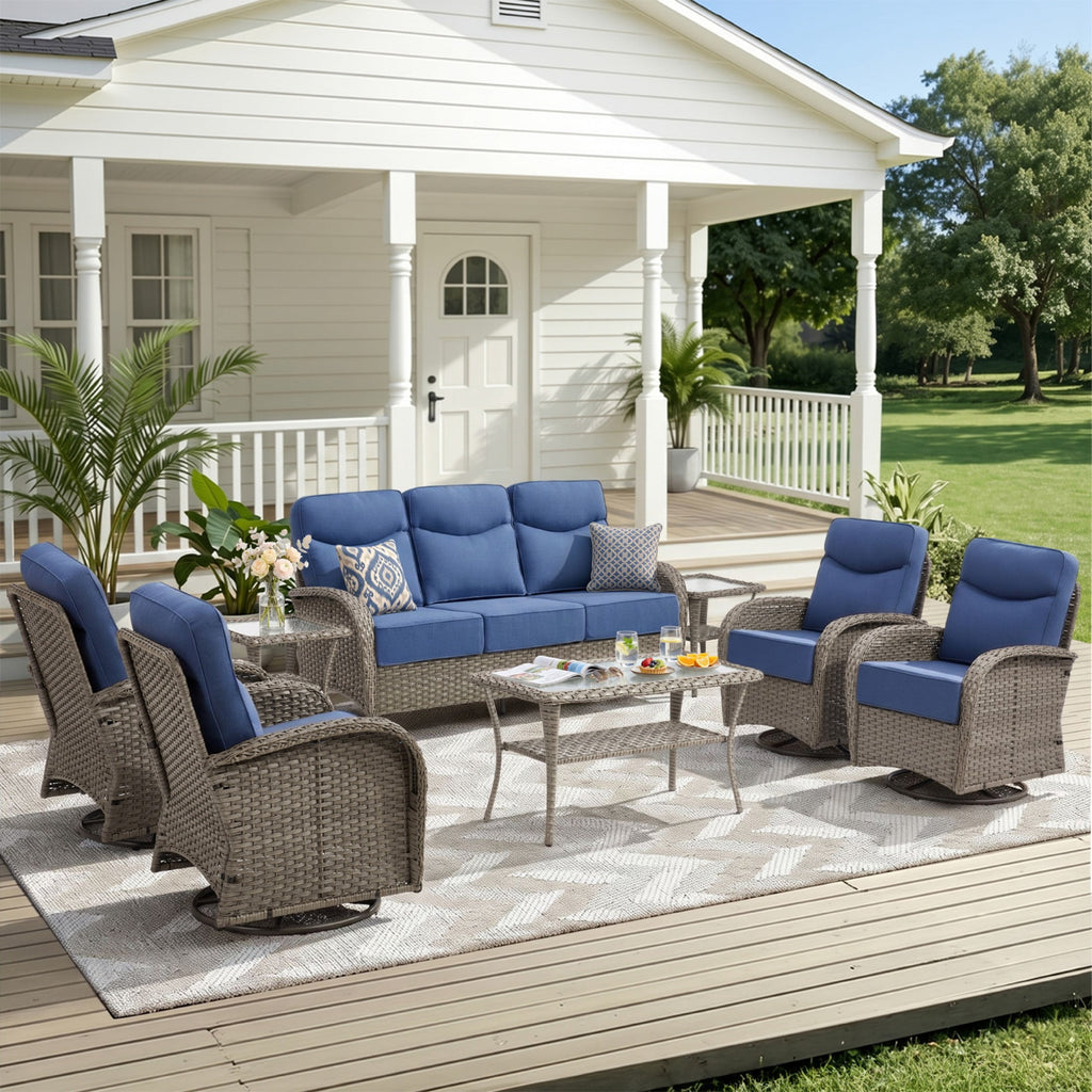 Unnifurnzi Patio Furniture Set-6'' Thick Cushions Outdoor Furniture with Swivel Rocker Chairs Outdoor Couch and Ottomans Wicker Patio Furniture for Deck Porch Garden Poolside
