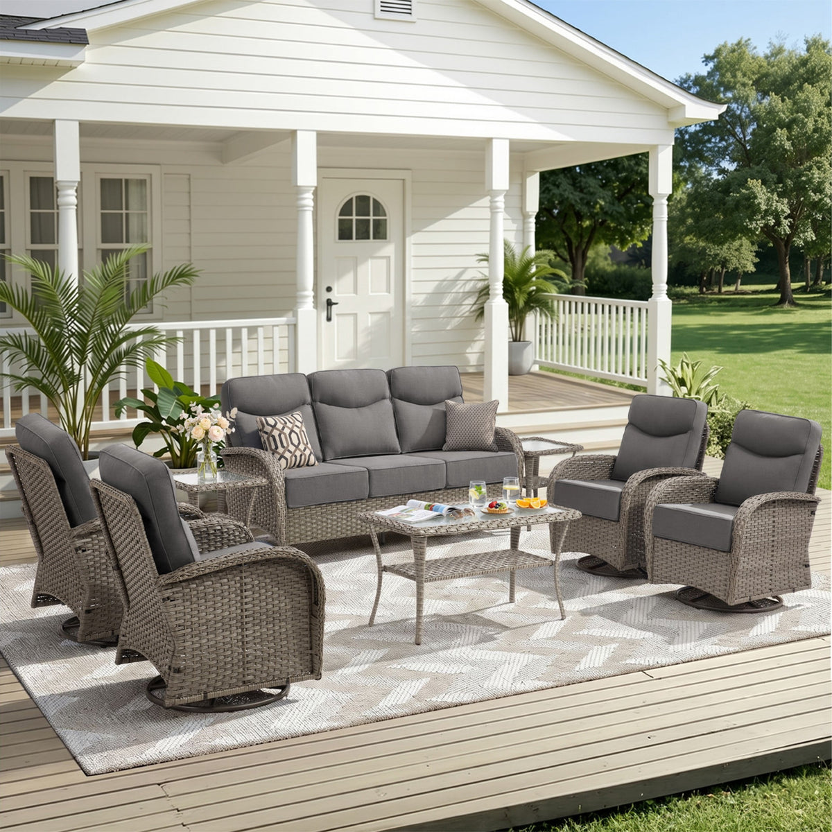 Unnifurnzi Patio Furniture Set-6'' Thick Cushions Outdoor Furniture with Swivel Rocker Chairs Outdoor Couch and Ottomans Wicker Patio Furniture for Deck Porch Garden Poolside