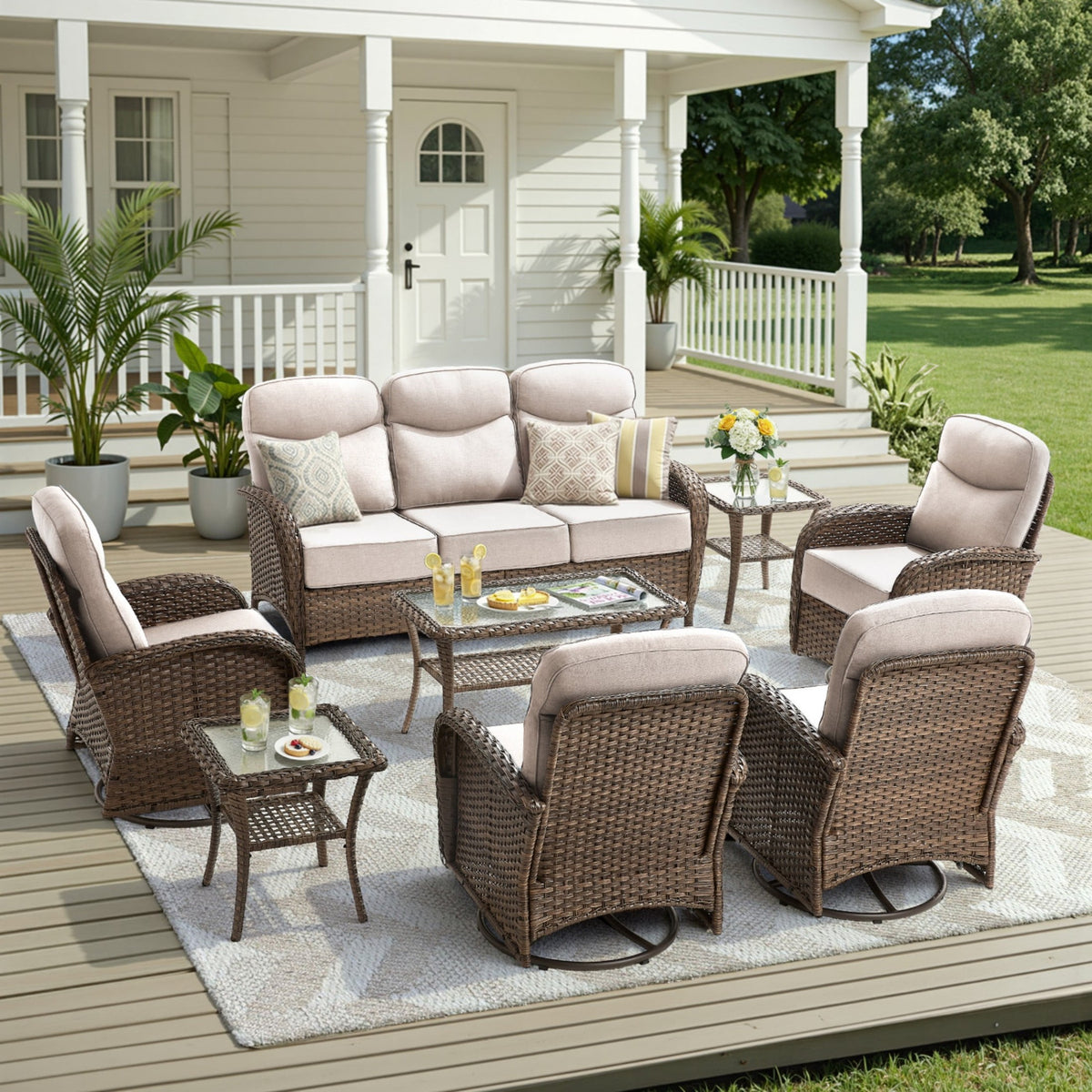 Unnifurnzi Patio Furniture Set-6'' Thick Cushions Outdoor Furniture with Swivel Rocker Chairs Outdoor Couch and Ottomans Wicker Patio Furniture for Deck Porch Garden Poolside
