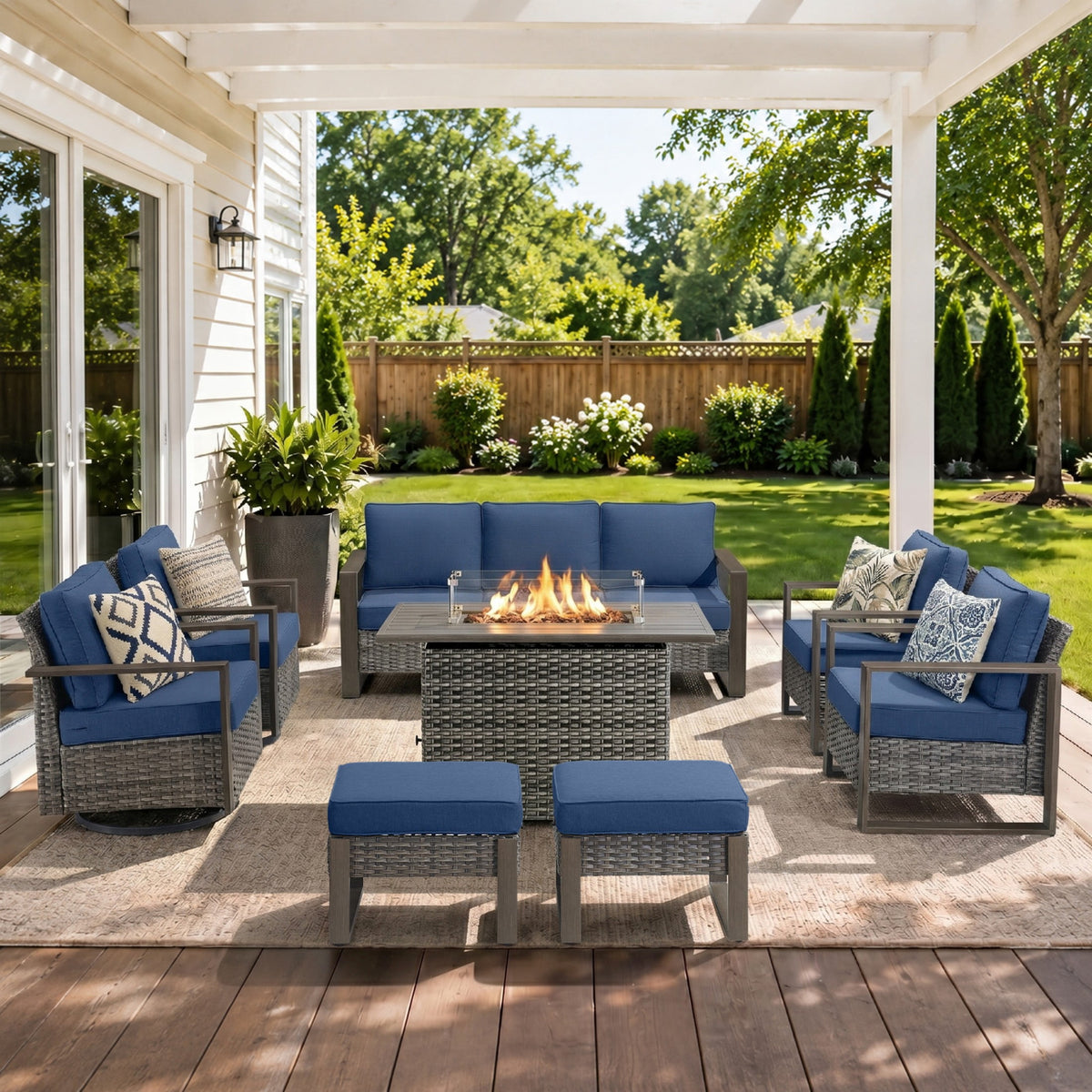 Unnifurnzi Patio Furniture Set with Fire Pit-All Weather Wicker Outdoor Swivel Chair with Outdoor Couch Outdoor Furniture for Garden Backyard Balcony Poolside
