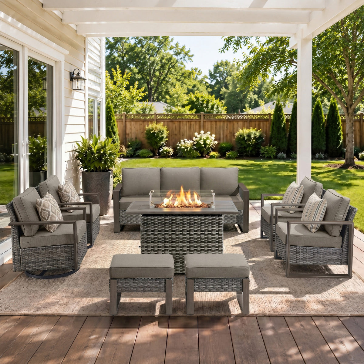 Unnifurnzi Patio Furniture Set with Fire Pit-All Weather Wicker Outdoor Swivel Chair with Outdoor Couch Outdoor Furniture for Garden Backyard Balcony Poolside