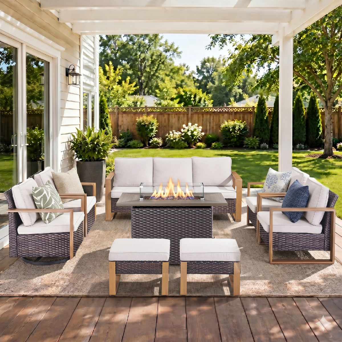 Unnifurnzi Patio Furniture Set with Fire Pit-All Weather Wicker Outdoor Swivel Chair with Outdoor Couch Outdoor Furniture for Garden Backyard Balcony Poolside