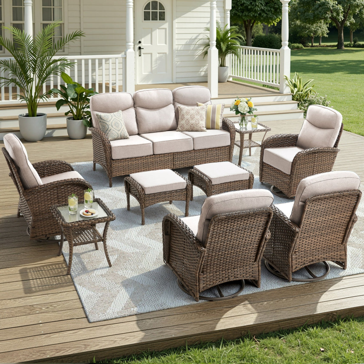 Unnifurnzi Patio Furniture Set-6'' Thick Cushions Outdoor Furniture with Swivel Rocker Chairs Outdoor Couch and Ottomans Wicker Patio Furniture for Deck Porch Garden Poolside