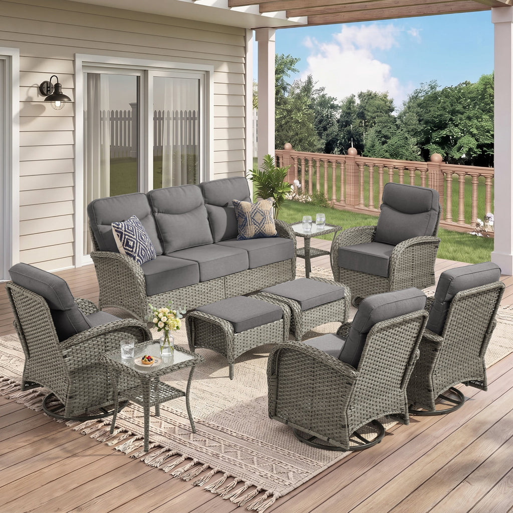 Unnifurnzi Patio Furniture Set-6'' Thick Cushions Outdoor Furniture with Swivel Rocker Chairs Outdoor Couch and Ottomans Wicker Patio Furniture for Deck Porch Garden Poolside