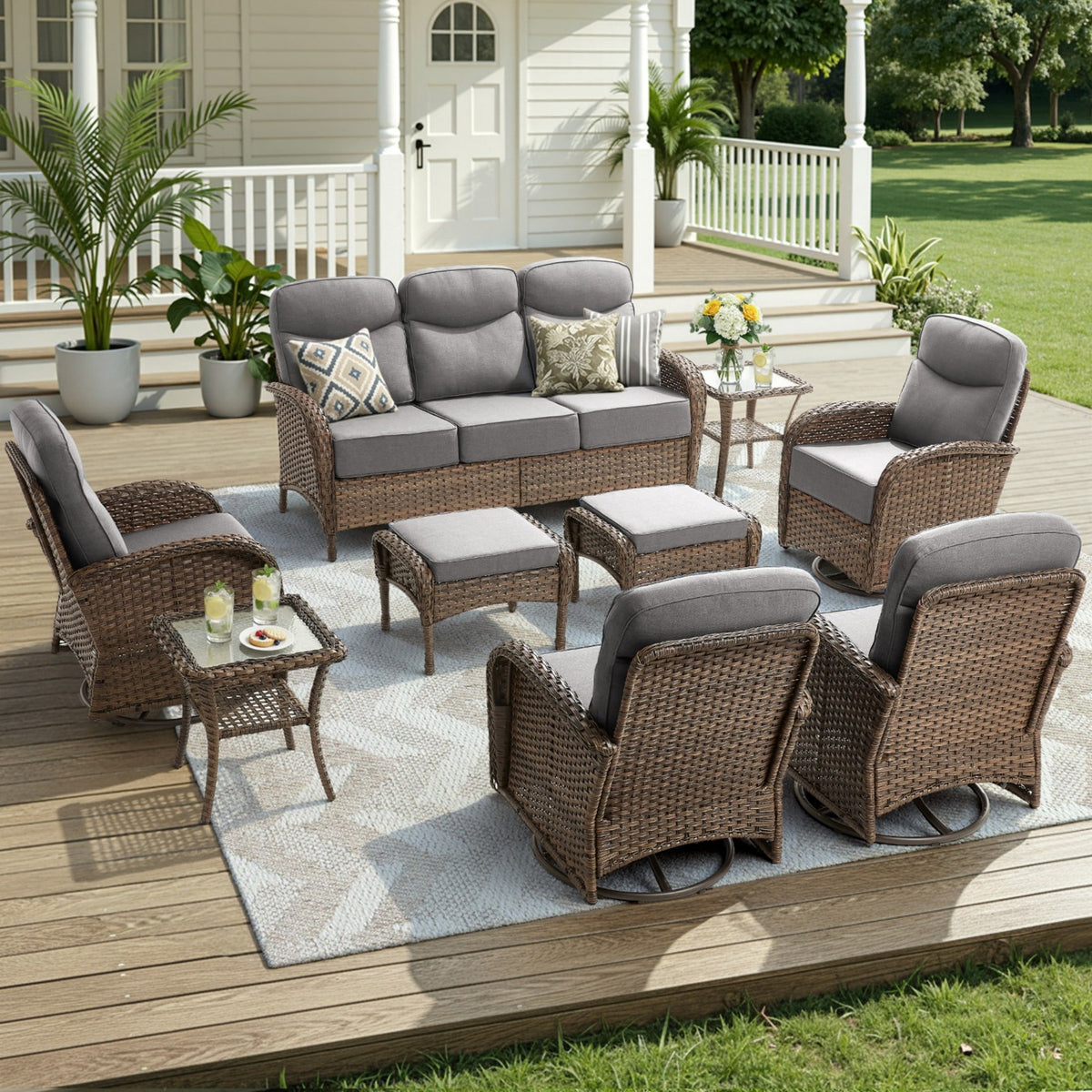 Unnifurnzi Patio Furniture Set-6'' Thick Cushions Outdoor Furniture with Swivel Rocker Chairs Outdoor Couch and Ottomans Wicker Patio Furniture for Deck Porch Garden Poolside