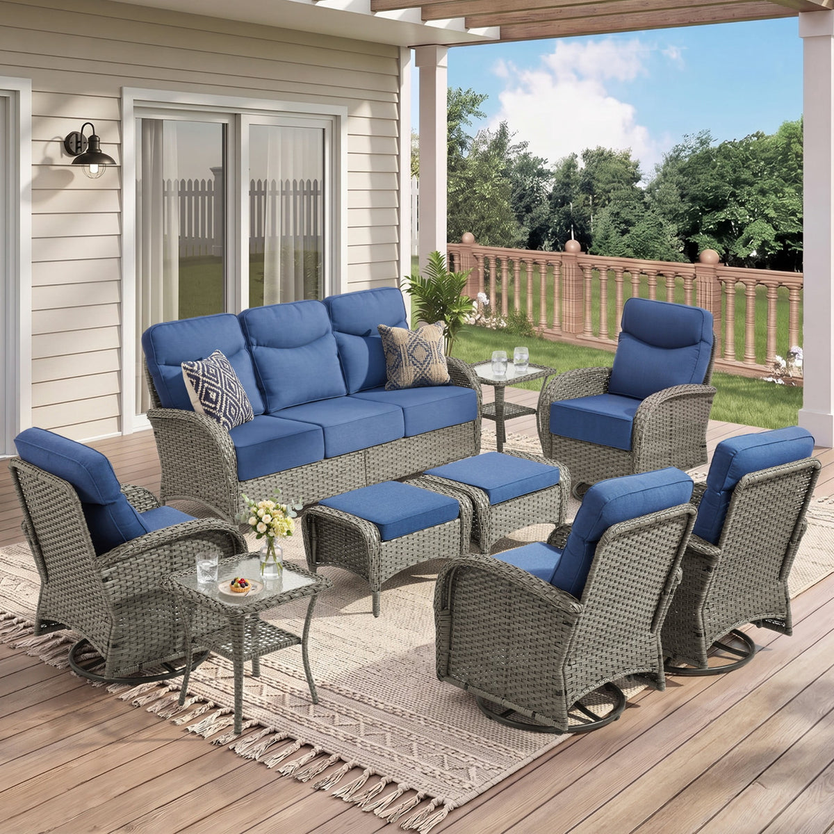 Unnifurnzi Patio Furniture Set-6'' Thick Cushions Outdoor Furniture with Swivel Rocker Chairs Outdoor Couch and Ottomans Wicker Patio Furniture for Deck Porch Garden Poolside