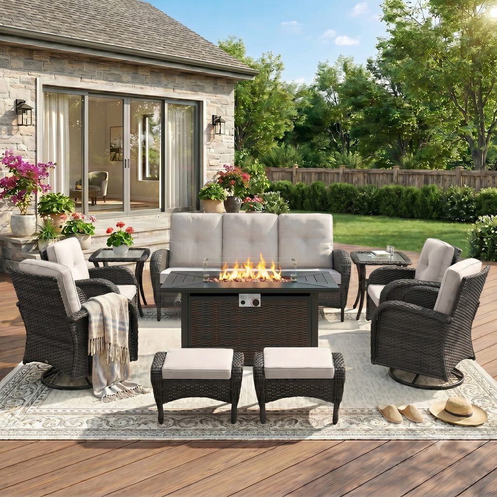 Unnifurnzi Patio Furniture Set with Fire Pit Table-All Weather Wicker Outdoor Couch with Outdoor Swivel Chair Outdoor Furniture for Deck Porch Garden Balcony Poolside
