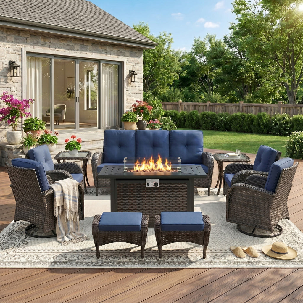 Unnifurnzi Patio Furniture Set with Fire Pit Table-All Weather Wicker Outdoor Couch with Outdoor Swivel Chair Outdoor Furniture for Deck Porch Garden Balcony Poolside