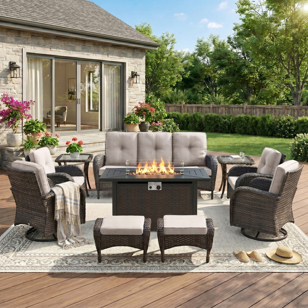 Unnifurnzi Patio Furniture Set with Fire Pit Table-All Weather Wicker Outdoor Couch with Outdoor Swivel Chair Outdoor Furniture for Deck Porch Garden Balcony Poolside
