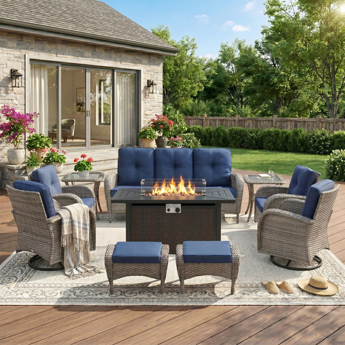Unnifurnzi Patio Furniture Set with Fire Pit Table-All Weather Wicker Outdoor Couch with Outdoor Swivel Chair Outdoor Furniture for Deck Porch Garden Balcony Poolside