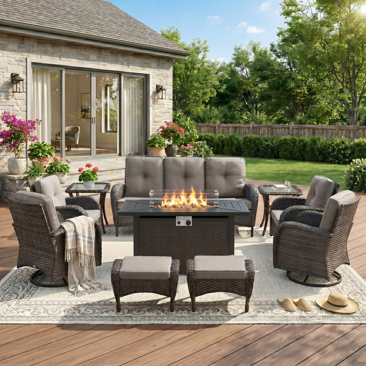 Unnifurnzi Patio Furniture Set with Fire Pit Table-All Weather Wicker Outdoor Couch with Outdoor Swivel Chair Outdoor Furniture for Deck Porch Garden Balcony Poolside