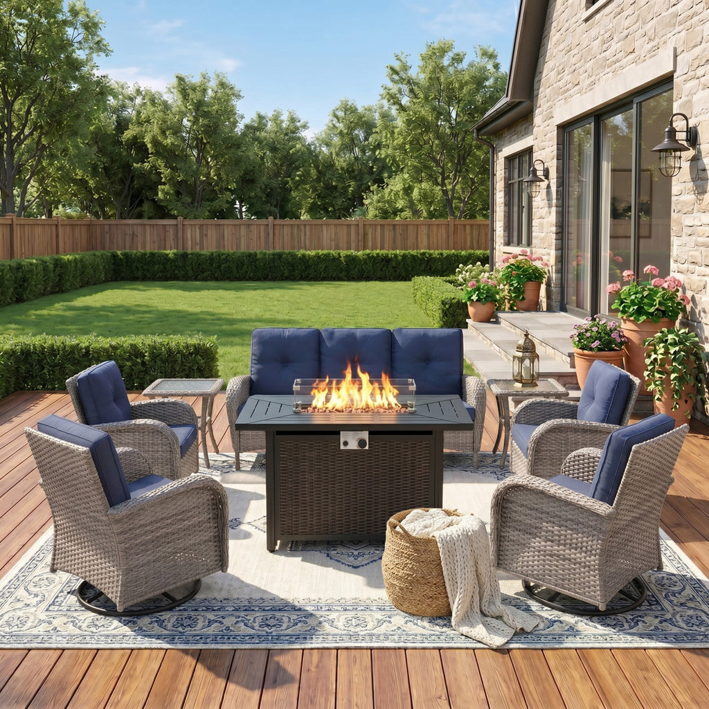 Unnifurnzi Patio Furniture Set with Fire Pit Table-All Weather Wicker Outdoor Couch with Outdoor Swivel Chair Outdoor Furniture for Deck Porch Garden Balcony Poolside