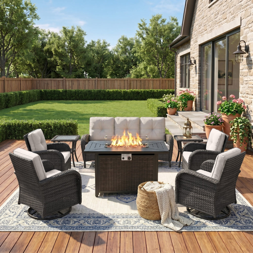 Unnifurnzi Patio Furniture Set with Fire Pit Table-All Weather Wicker Outdoor Couch with Outdoor Swivel Chair Outdoor Furniture for Deck Porch Garden Balcony Poolside