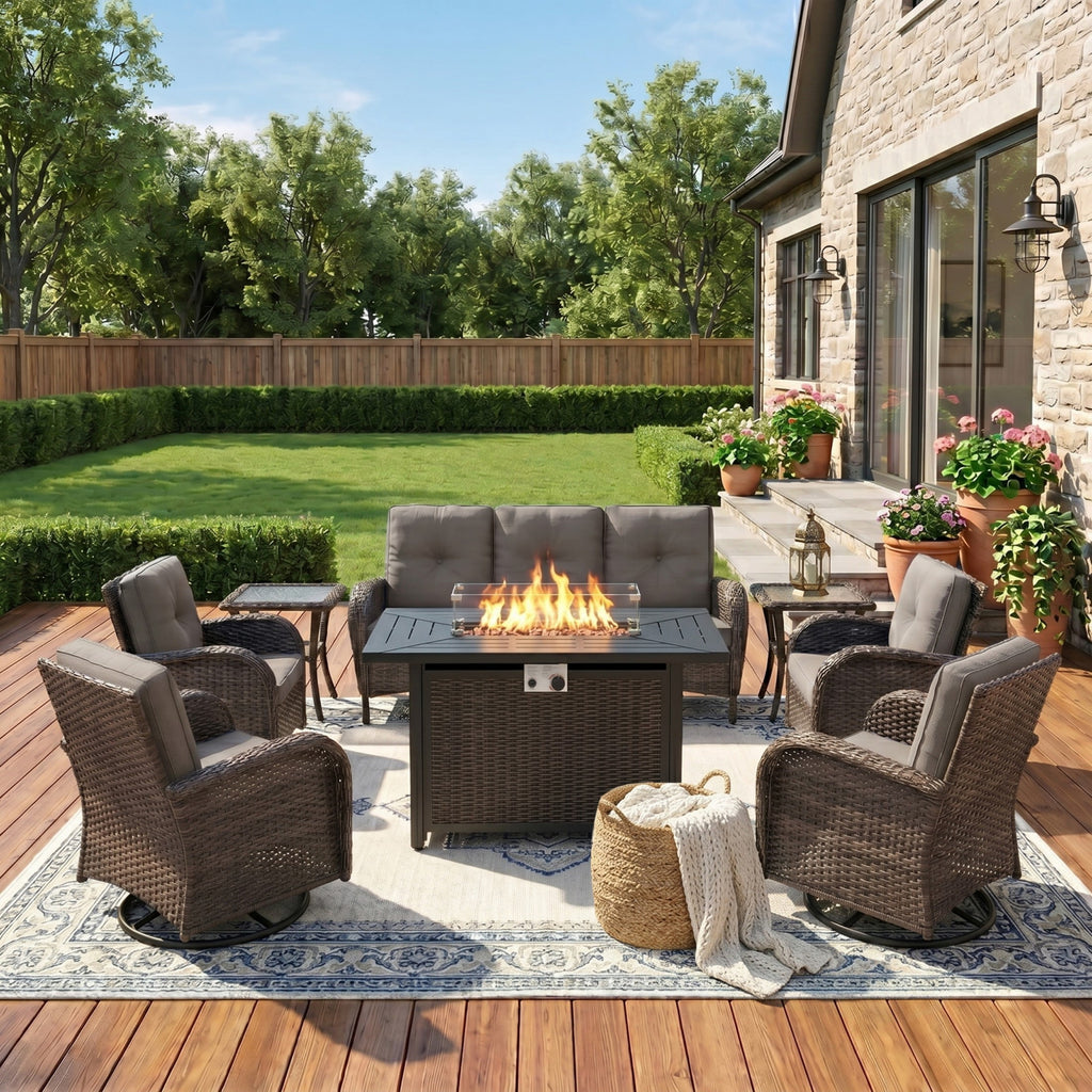 Unnifurnzi Patio Furniture Set with Fire Pit Table-All Weather Wicker Outdoor Couch with Outdoor Swivel Chair Outdoor Furniture for Deck Porch Garden Balcony Poolside