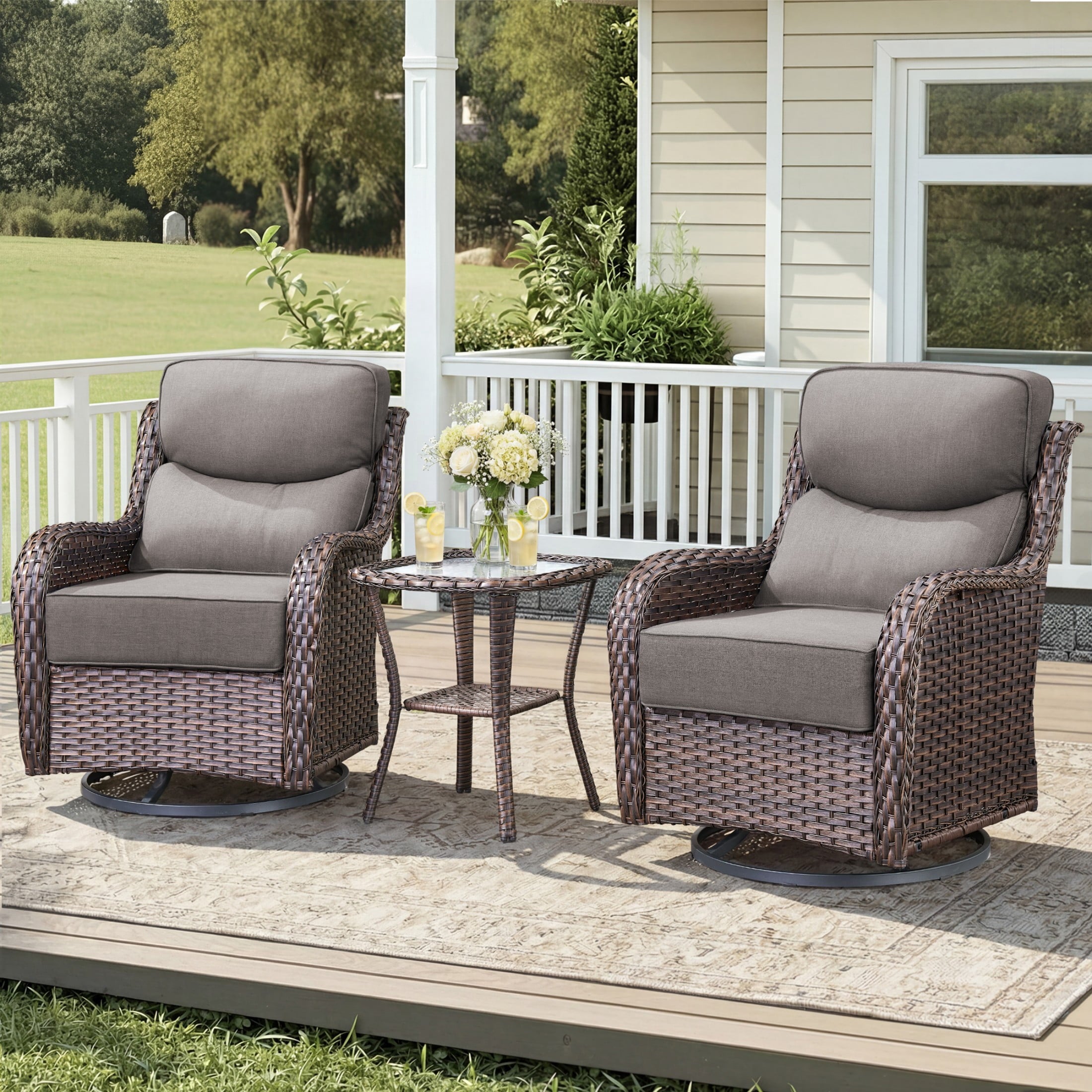 Unnifurnzi Outdoor Swivel Glider Patio Chairs Patio Swivel Chairs Set of 2 with 6 Inch Thick Cushions High Back Patio Chairs for Deck Porch Poolside Balcony