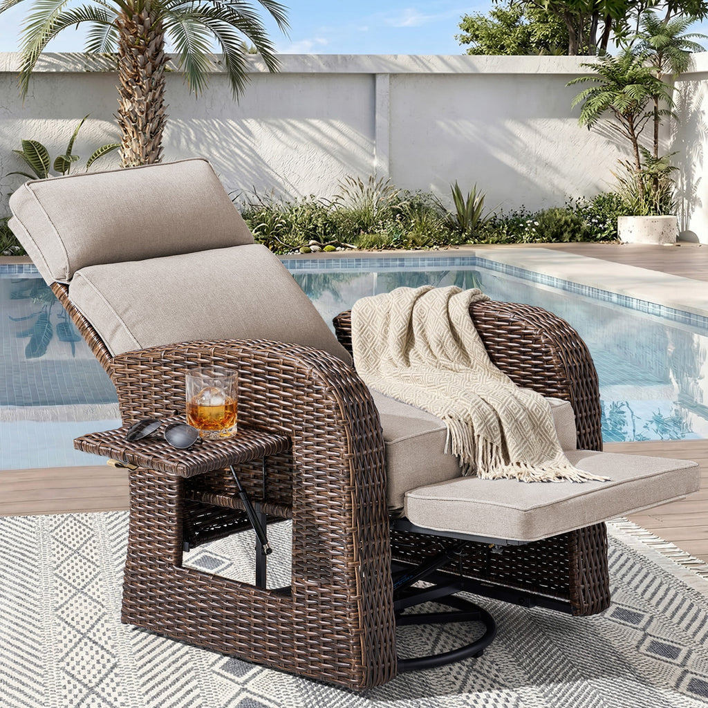 Unnifurnzi Outdoor Swivel Recliner Chair-Reclining Patio Chair with Adjustable Back & Footrest Outdoor Recliners Flip-Up Side Table for Patio Poolside Backyard