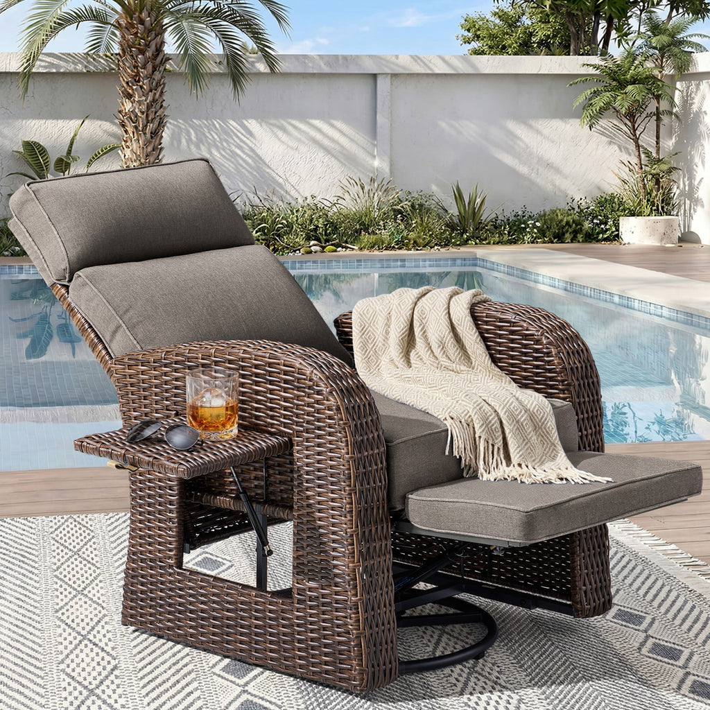 Unnifurnzi Outdoor Swivel Recliner Chair-Reclining Patio Chair with Adjustable Back & Footrest Outdoor Recliners Flip-Up Side Table for Patio Poolside Backyard