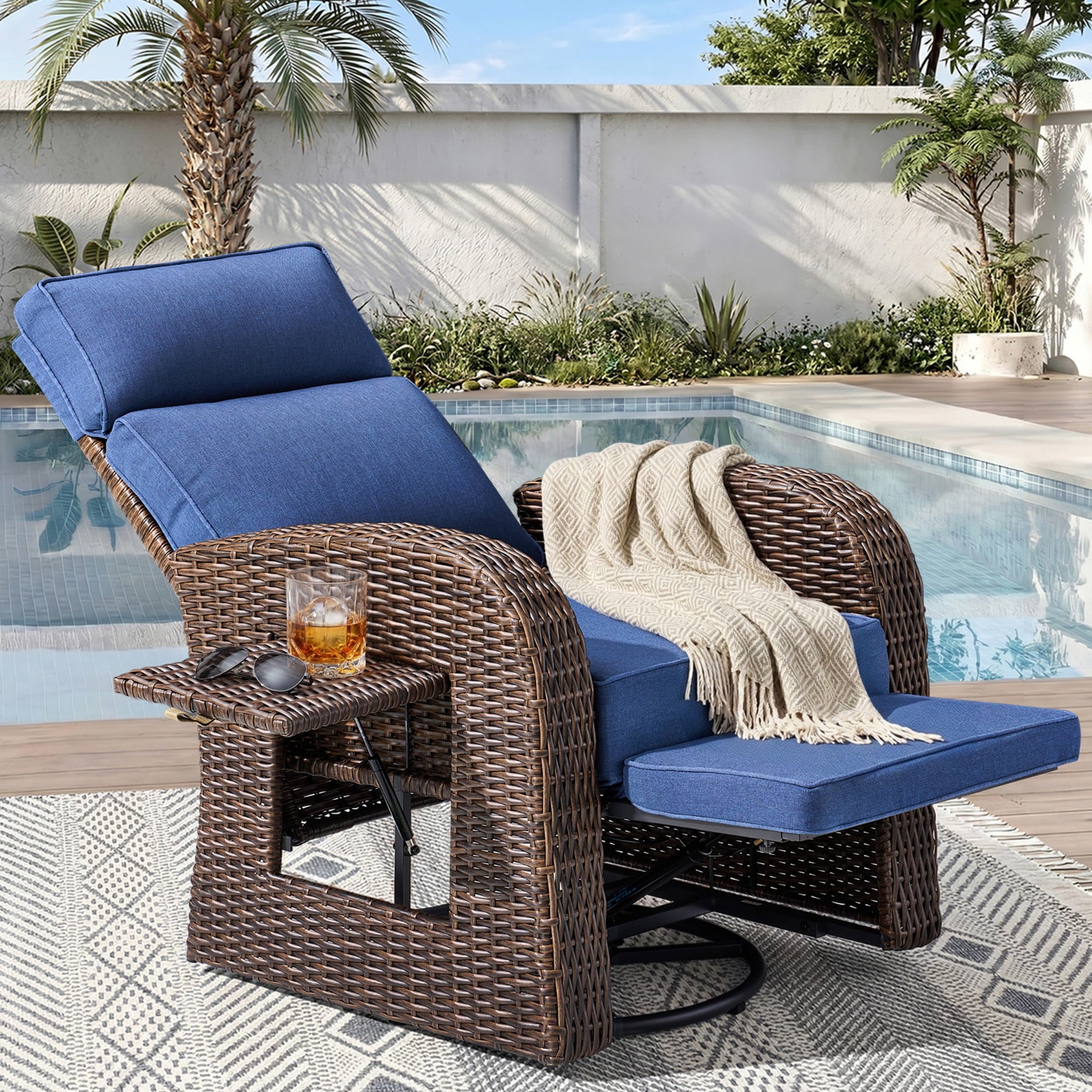 Unnifurnzi Outdoor Swivel Recliner Chair-Reclining Patio Chair with Adjustable Back & Footrest Outdoor Recliners Flip-Up Side Table for Patio Poolside Backyard