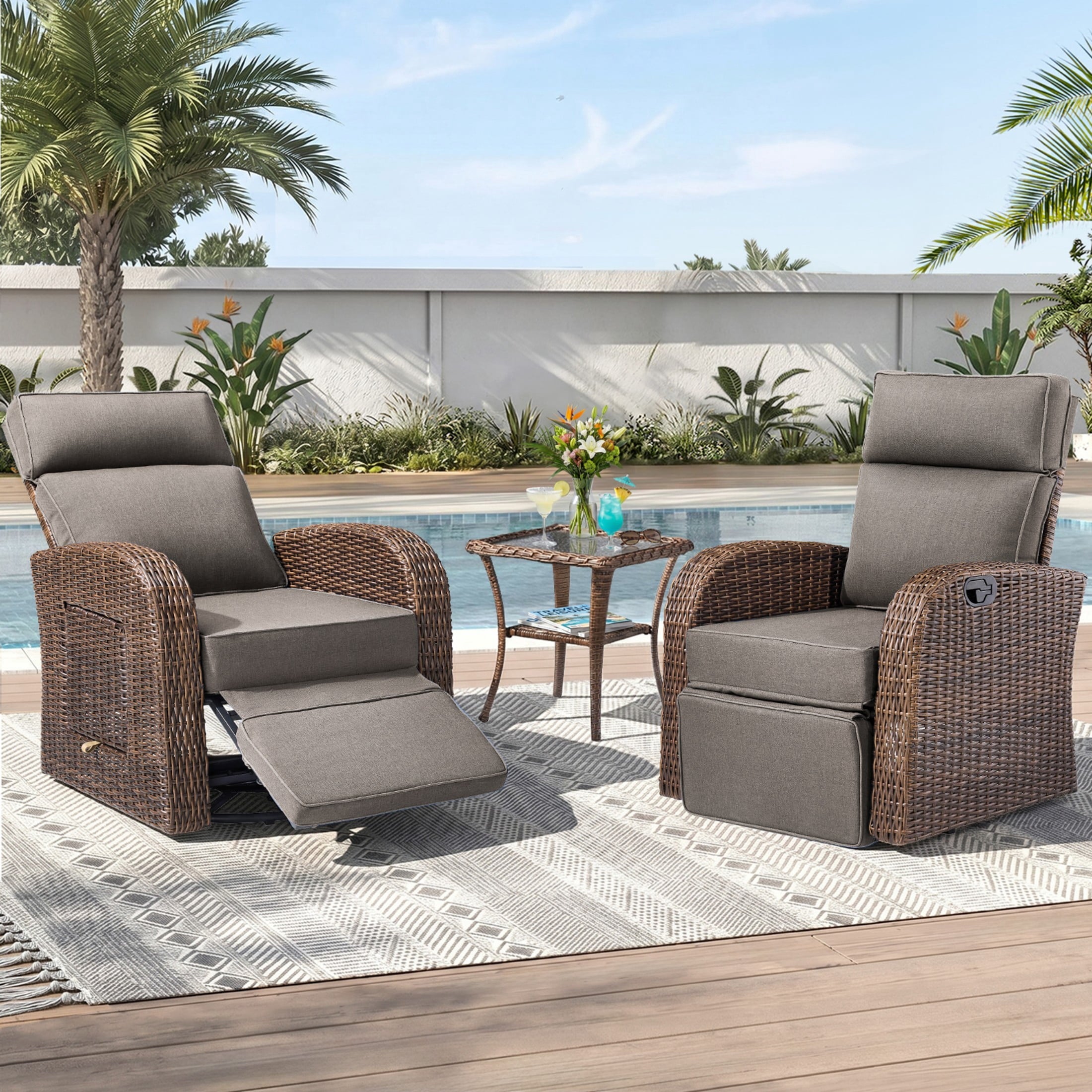 Unnifurnzi Outdoor Swivel Recliner Chair-Reclining Patio Chair with Adjustable Back & Footrest Outdoor Recliners Flip-Up Side Table for Patio Poolside Backyard