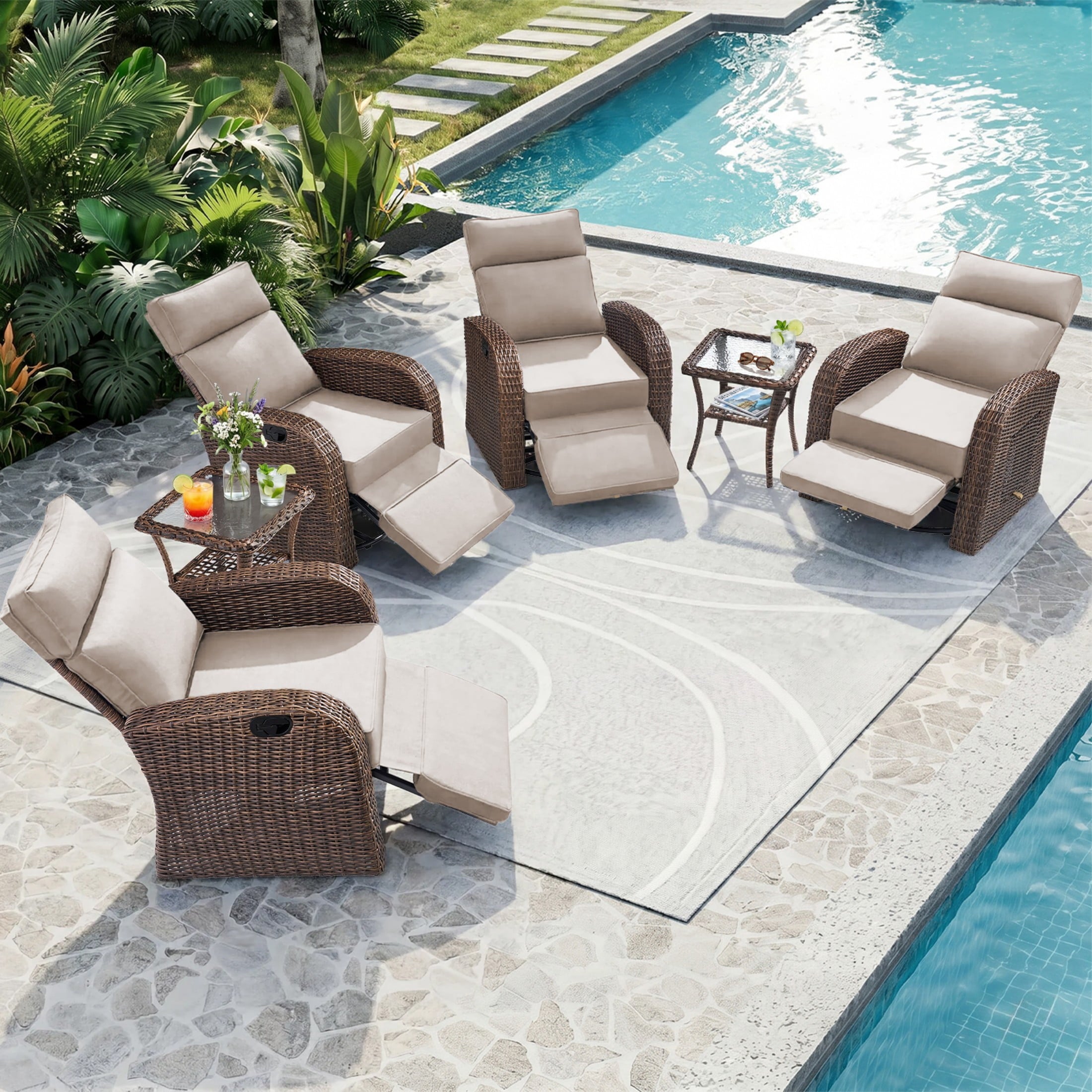 Unnifurnzi Outdoor Swivel Recliner Chair-Reclining Patio Chair with Adjustable Back & Footrest Outdoor Recliners Flip-Up Side Table for Patio Poolside Backyard