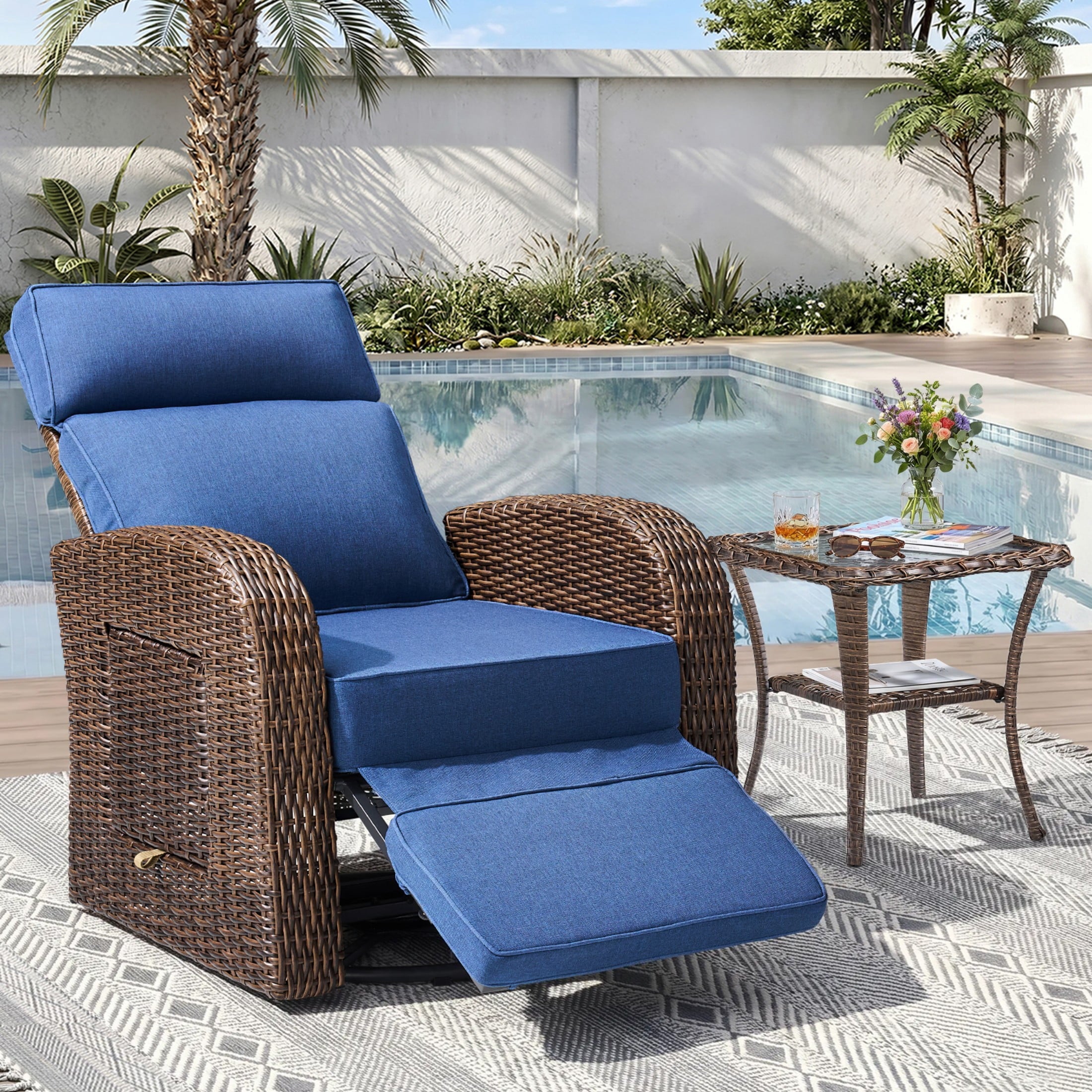 Unnifurnzi Outdoor Swivel Recliner Chair-Reclining Patio Chair with Adjustable Back & Footrest Outdoor Recliners Flip-Up Side Table for Patio Poolside Backyard