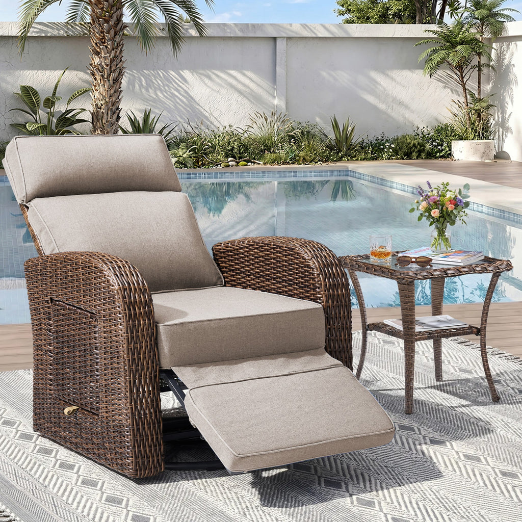 Unnifurnzi Outdoor Swivel Recliner Chair-Reclining Patio Chair with Adjustable Back & Footrest Outdoor Recliners Flip-Up Side Table for Patio Poolside Backyard