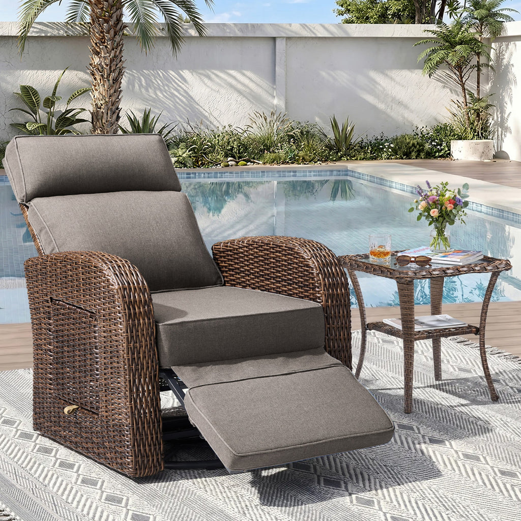 Unnifurnzi Outdoor Swivel Recliner Chair-Reclining Patio Chair with Adjustable Back & Footrest Outdoor Recliners Flip-Up Side Table for Patio Poolside Backyard
