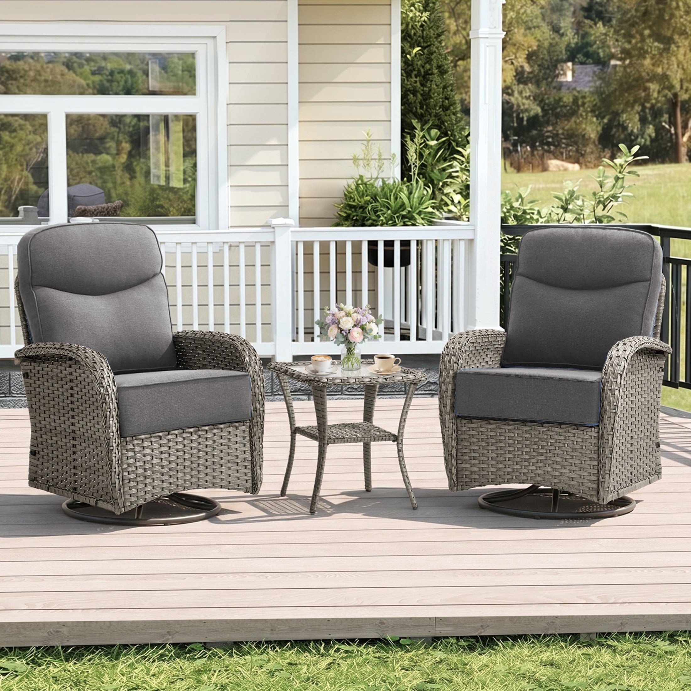 Unnifurnzi Outdoor Swivel Rocker Patio Chairs-6'' Thick Cushions Outdoor Rocking Chairs Set of 2 with Patio Side Table Patio Table and Chairs for Deck Porch Garden Balcony Poolside
