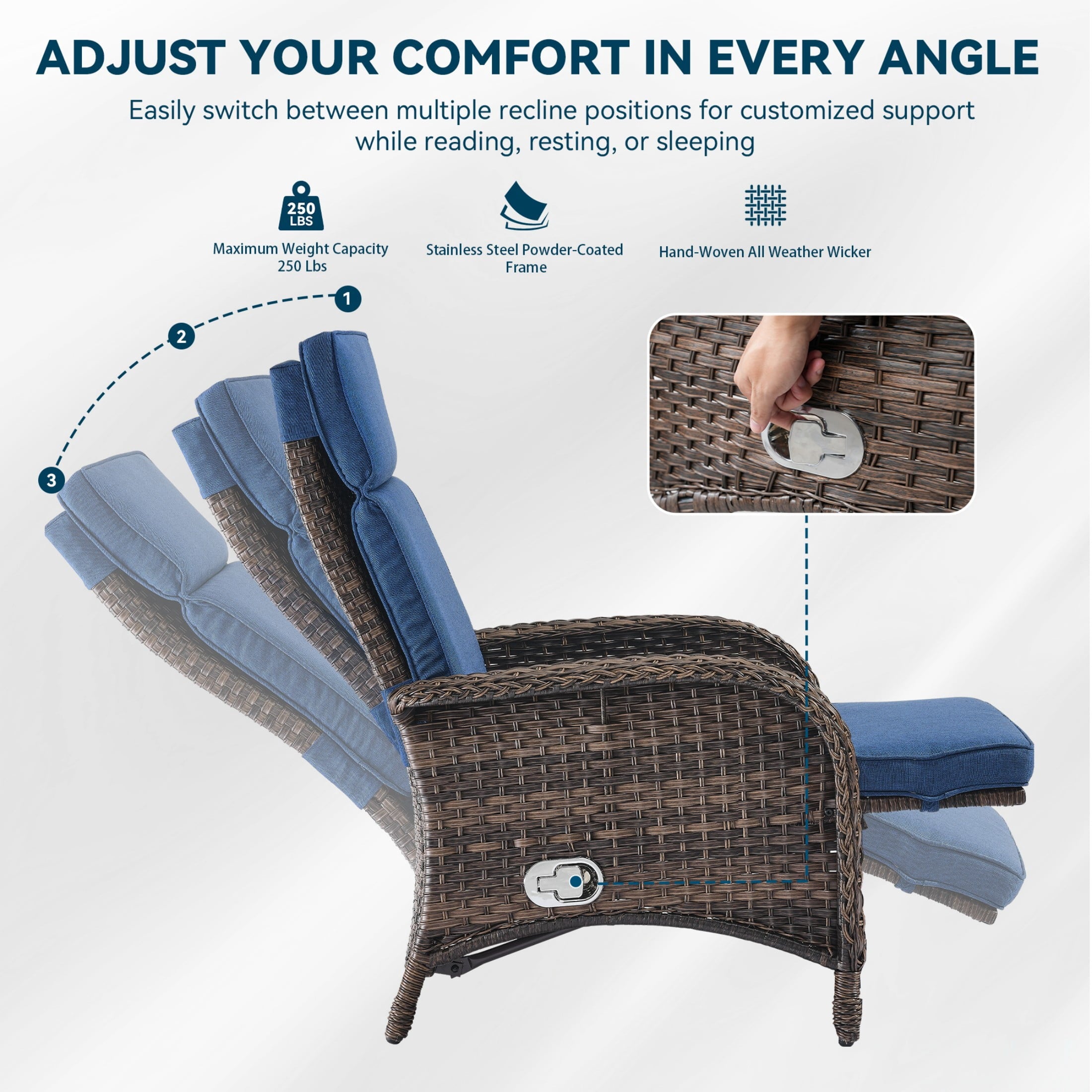 Unnifurnzi Outdoor Recliner Chair-Reclining Patio Chair with Adjustable Back & Footrest 135° Lay Flat Outdoor Recliners for Patio Poolside Backyard