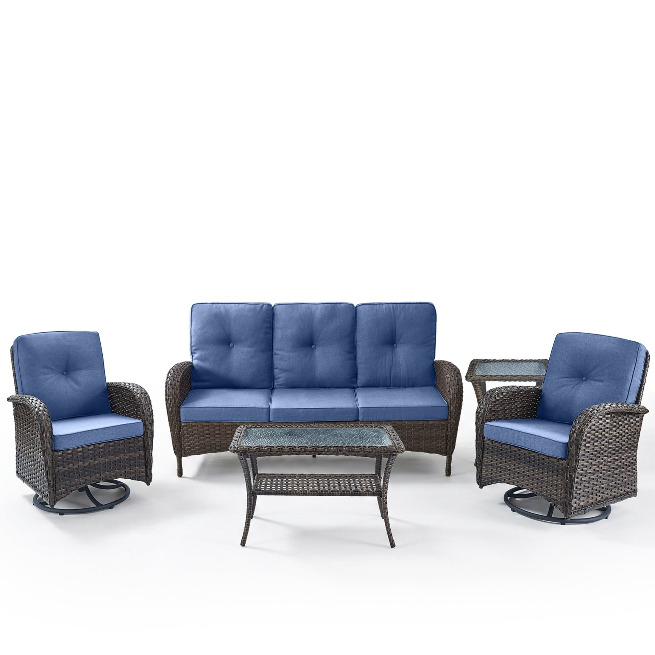 Unnifurnzi Wicker Patio Furniture Set-Outdoor Swivel Rocker Patio Chairs Patio Sofa Set with Tempered Glass Top Outdoor Coffee Table for Deck Lawn Porch Balcony Poolside